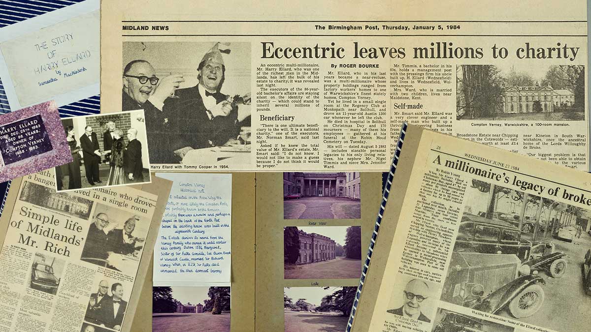 collage of scrapbook and cuttings about Harry Ellard